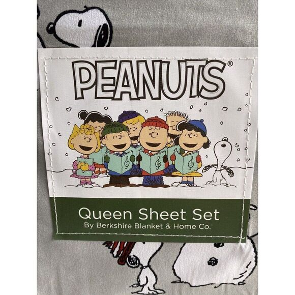 Peanuts Snoopy Woodstock QUEEN SIZE Sheet Set Christmas Snowman Winter Grey NEW - Picture 2 of 11